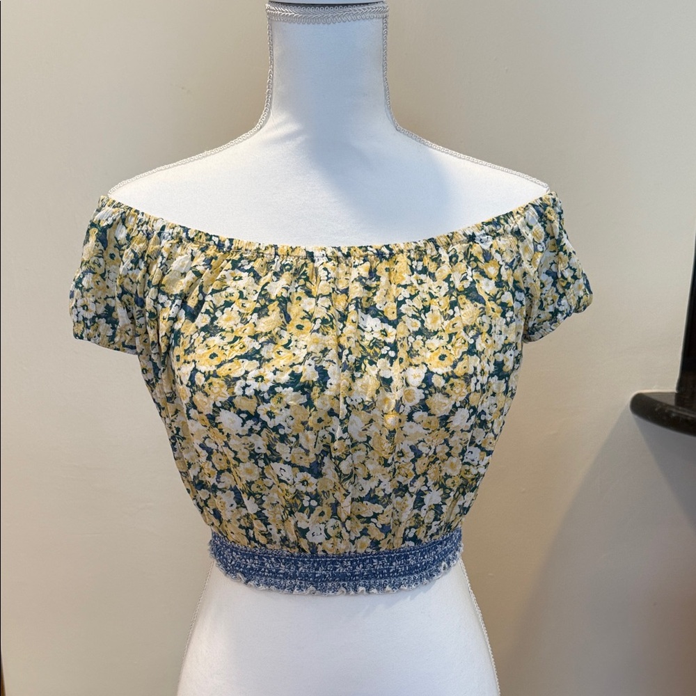 American Rag Floral Off-Shoulder Crop Top - Yellow and Blue
